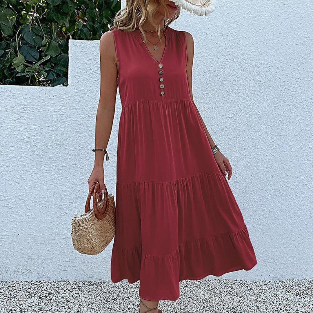 Solid Notched Buttoned Tiered Maxi Dress