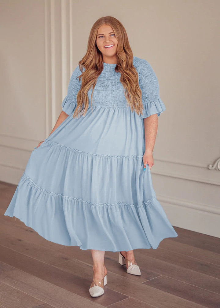 Round Neck Solid Color Smocked A-line Tiered-layered Dress