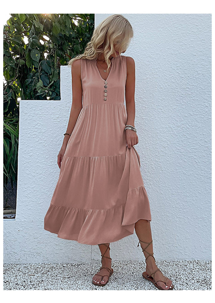 Solid Notched Buttoned Tiered Maxi Dress