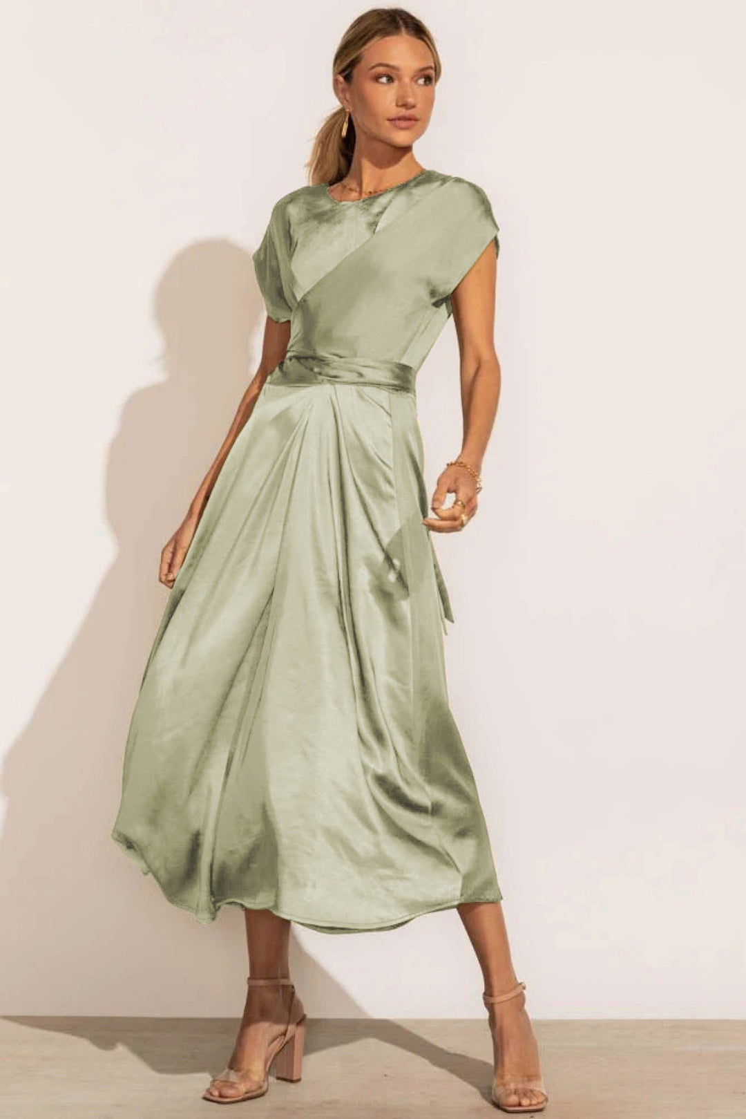 Solid Round Neck Tie Back Midi Dress
