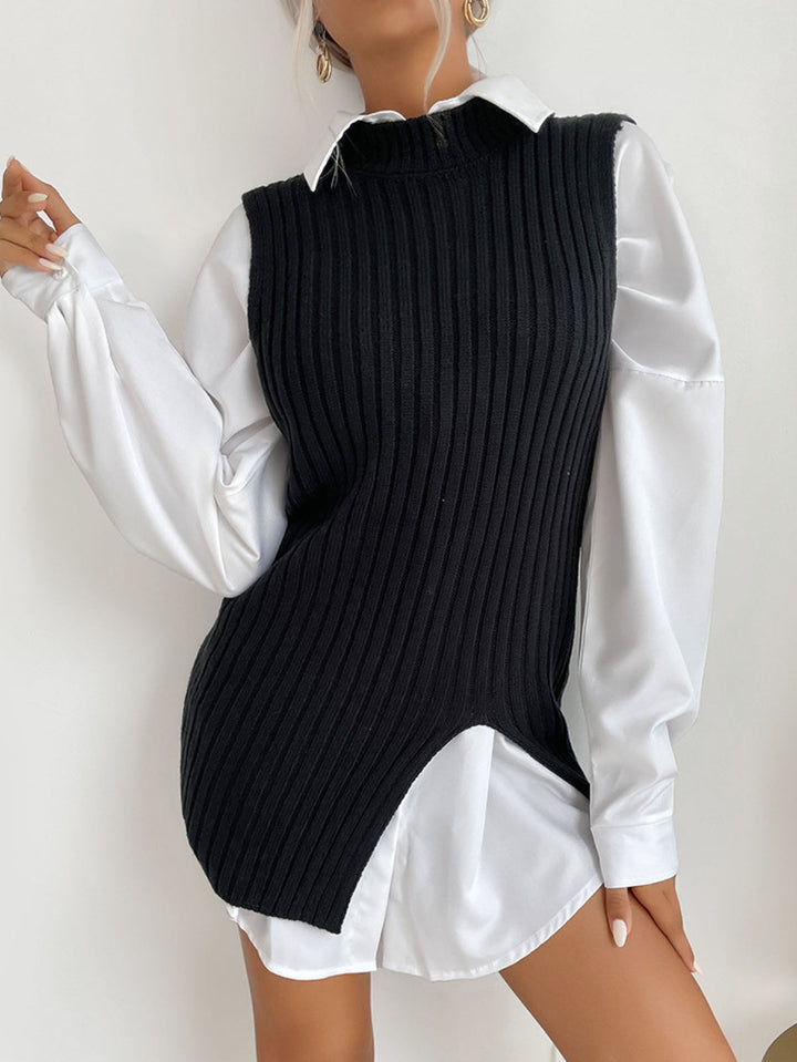 Solid Sleeveless Mockneck Side-Slit Knit Vest Dress without Belt