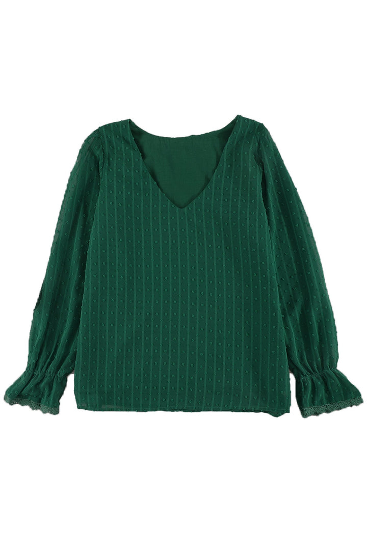 V Neck Puff Sleeve Swiss Dot Blouse