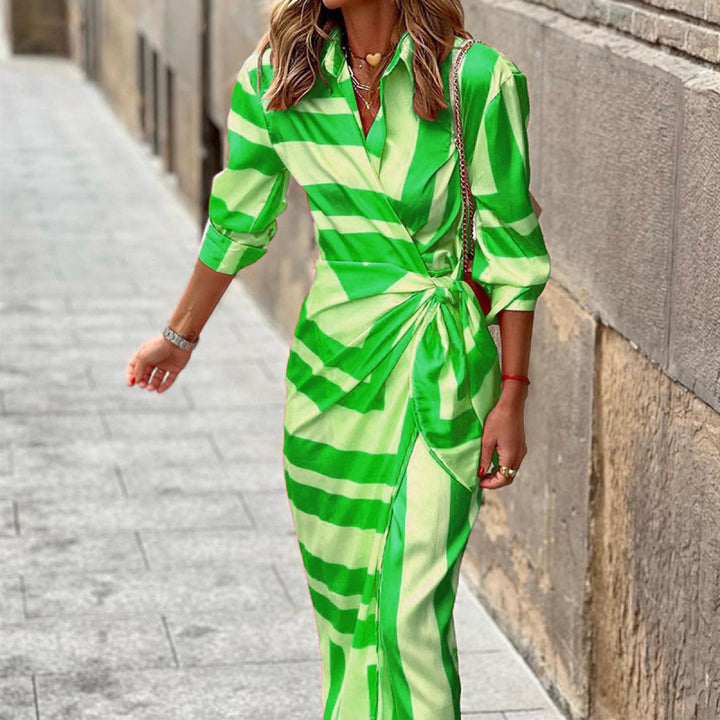 Striped Long Sleeve Surplice Tie Waist Dress
