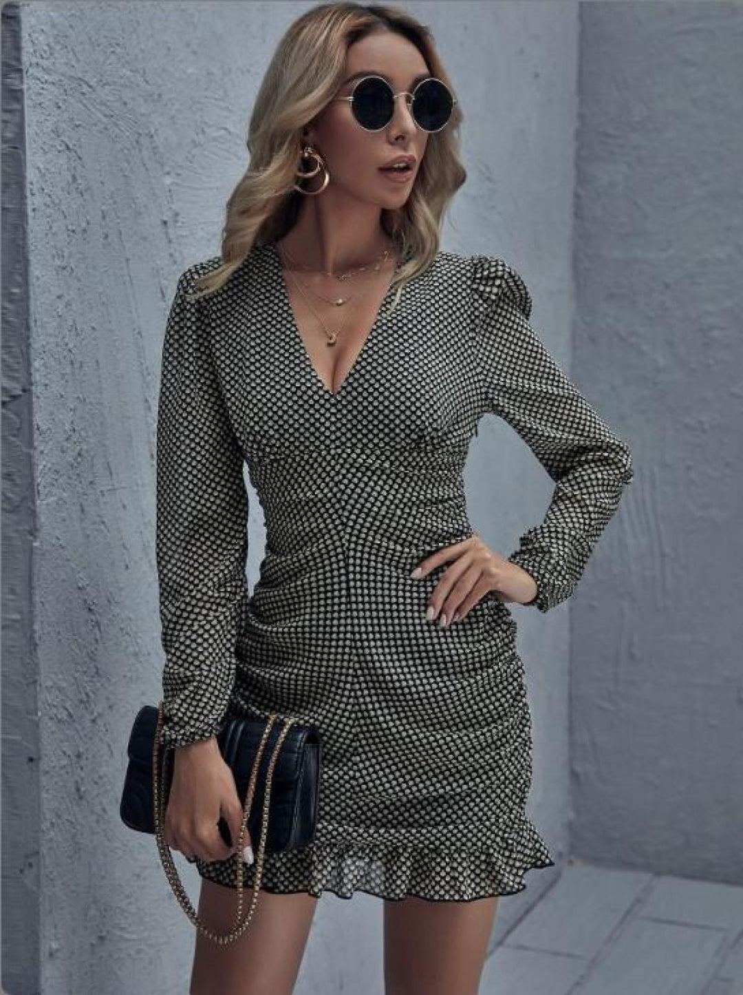 Deep V Balloon Sleeve Ruffle Hem Floral Mini Dress