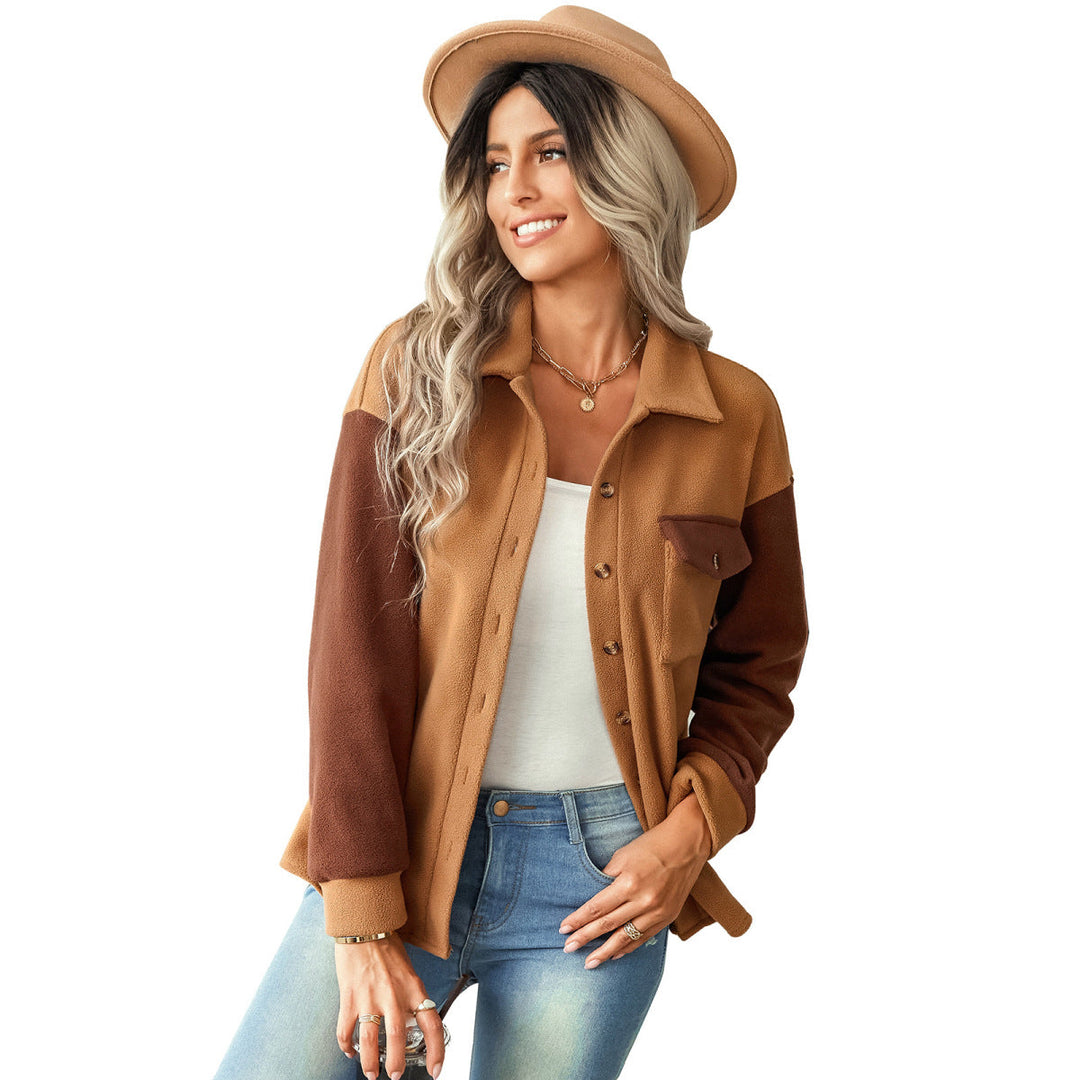 Shirt Collared Long Sleeve Single-Breasted Colorblock Jackets With Pockets