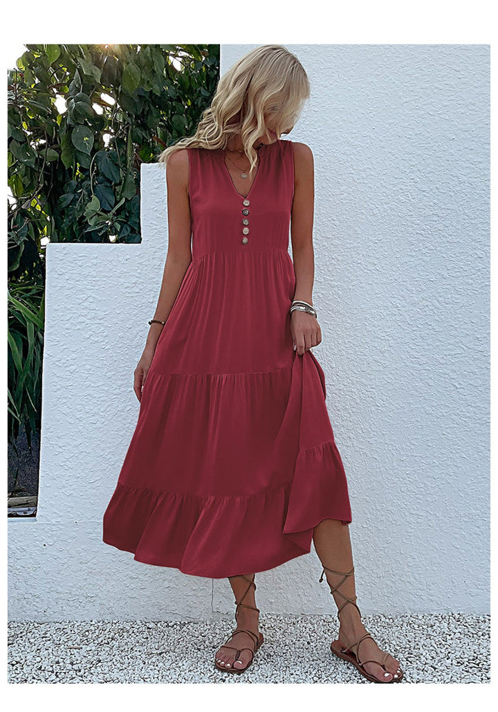 Solid Notched Buttoned Tiered Maxi Dress