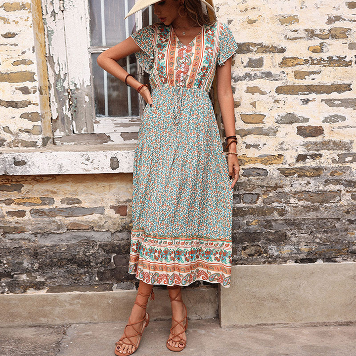 Boho Ruffled Sleeve Ditsy Floral Swing Dress