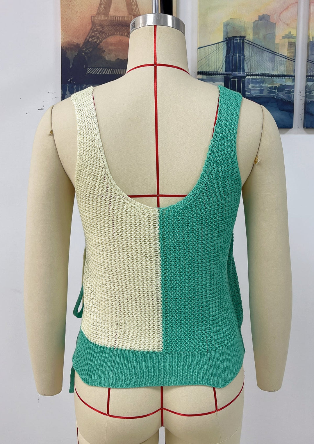 V-Neck Patchwork Knot Fold Sleeveless Top