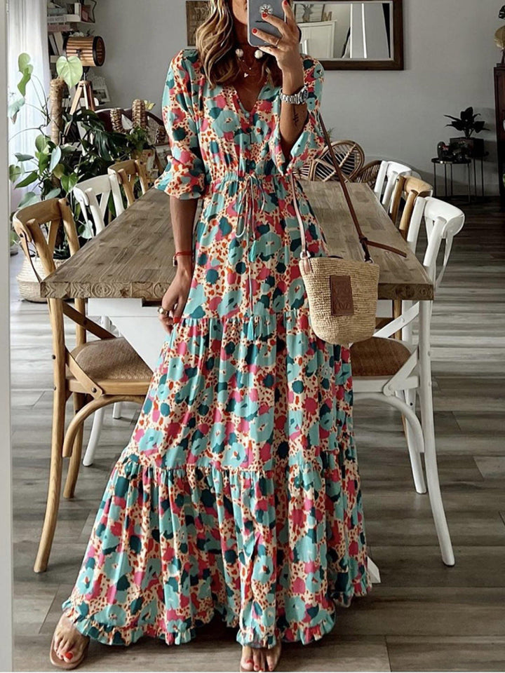 Floral Short Sleeve Tie Waist Swing Dress