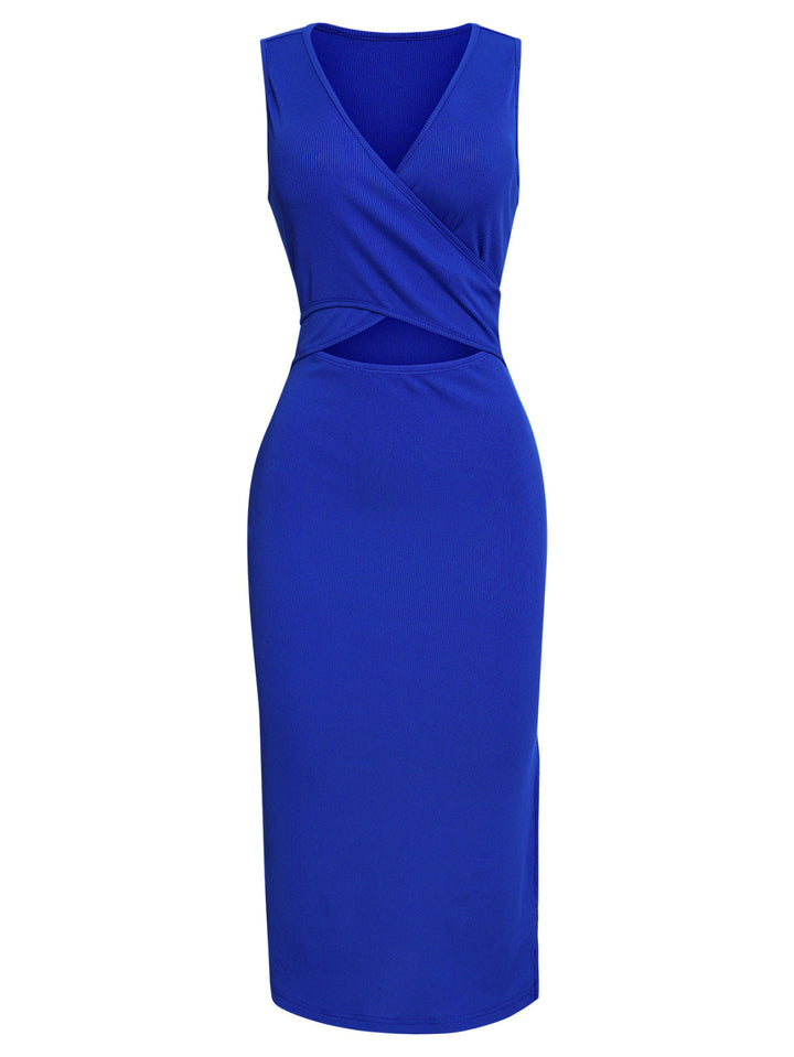 Solid V-Neck Cut Out Slit Tube Dress