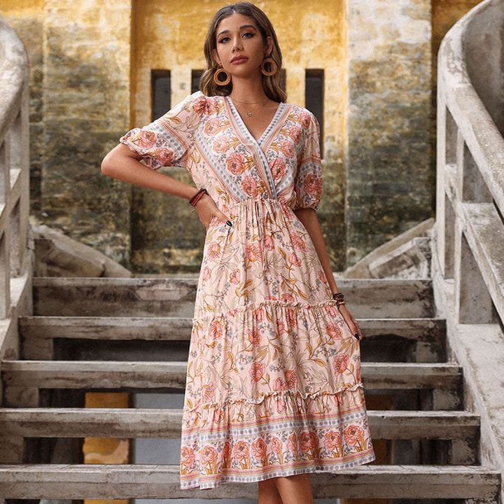 Retro Pink V-Neck Floral Tiered Dress