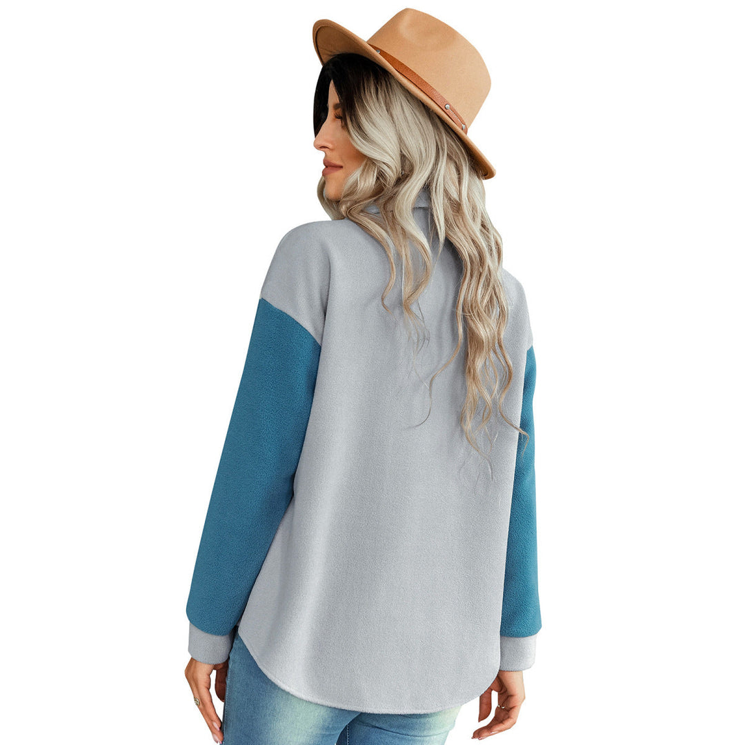 Shirt Collared Long Sleeve Single-Breasted Colorblock Jackets With Pockets