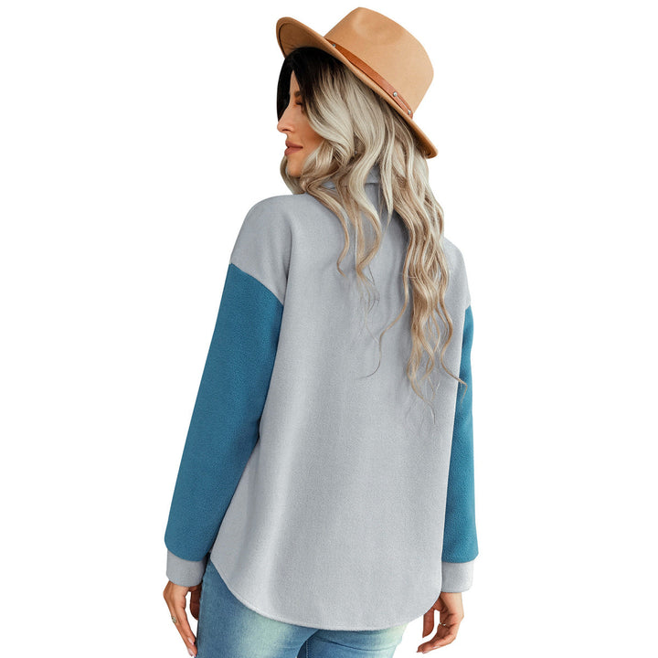 Shirt Collared Long Sleeve Single-Breasted Colorblock Jackets With Pockets