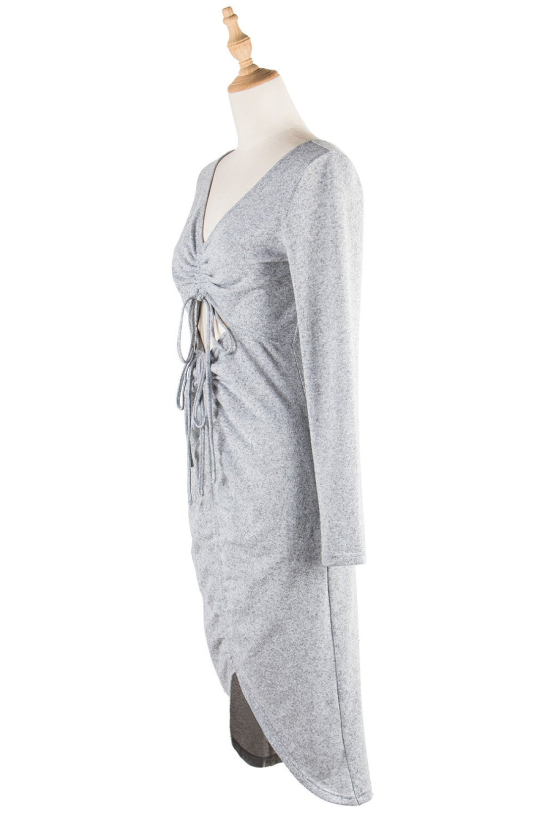 Gray Deep V Waist Cut Out Drawstring Slit Tie Back Mini Dress
