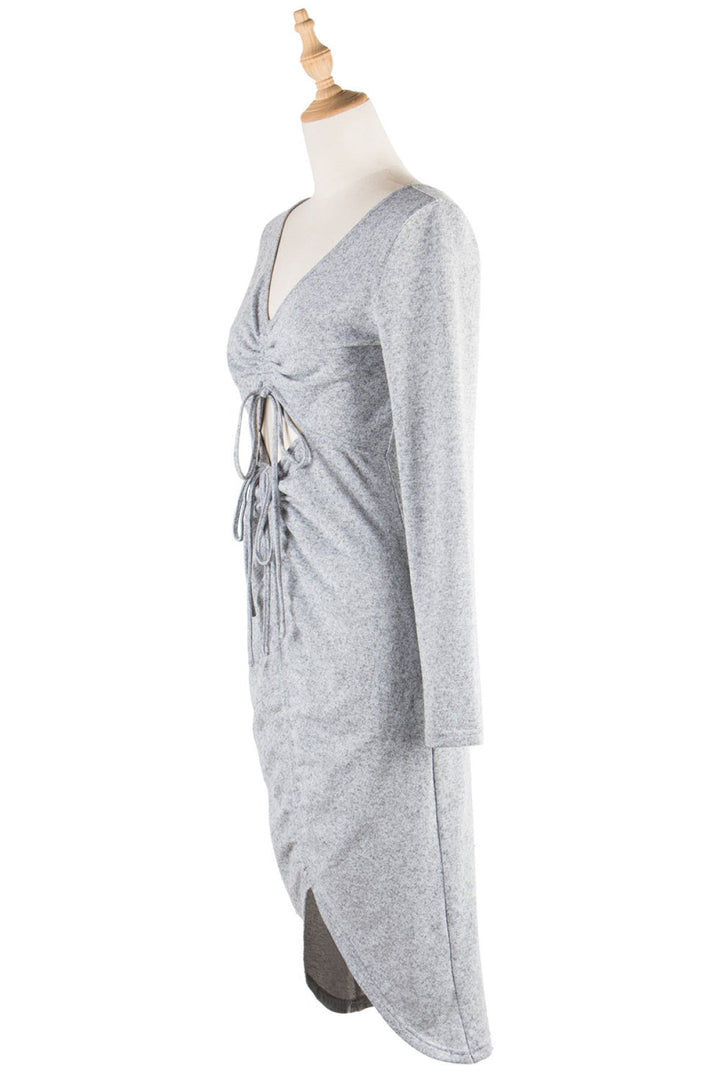 Gray Deep V Waist Cut Out Drawstring Slit Tie Back Mini Dress