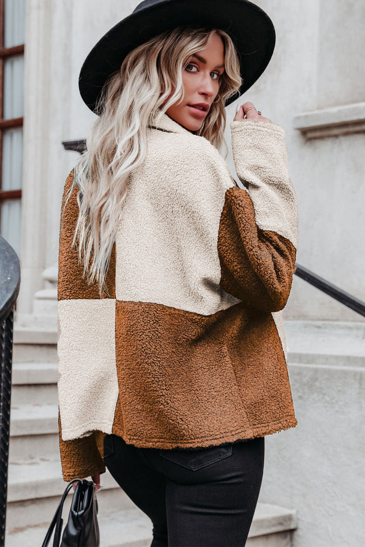 Colorblock Checkered Sherpa Jacket