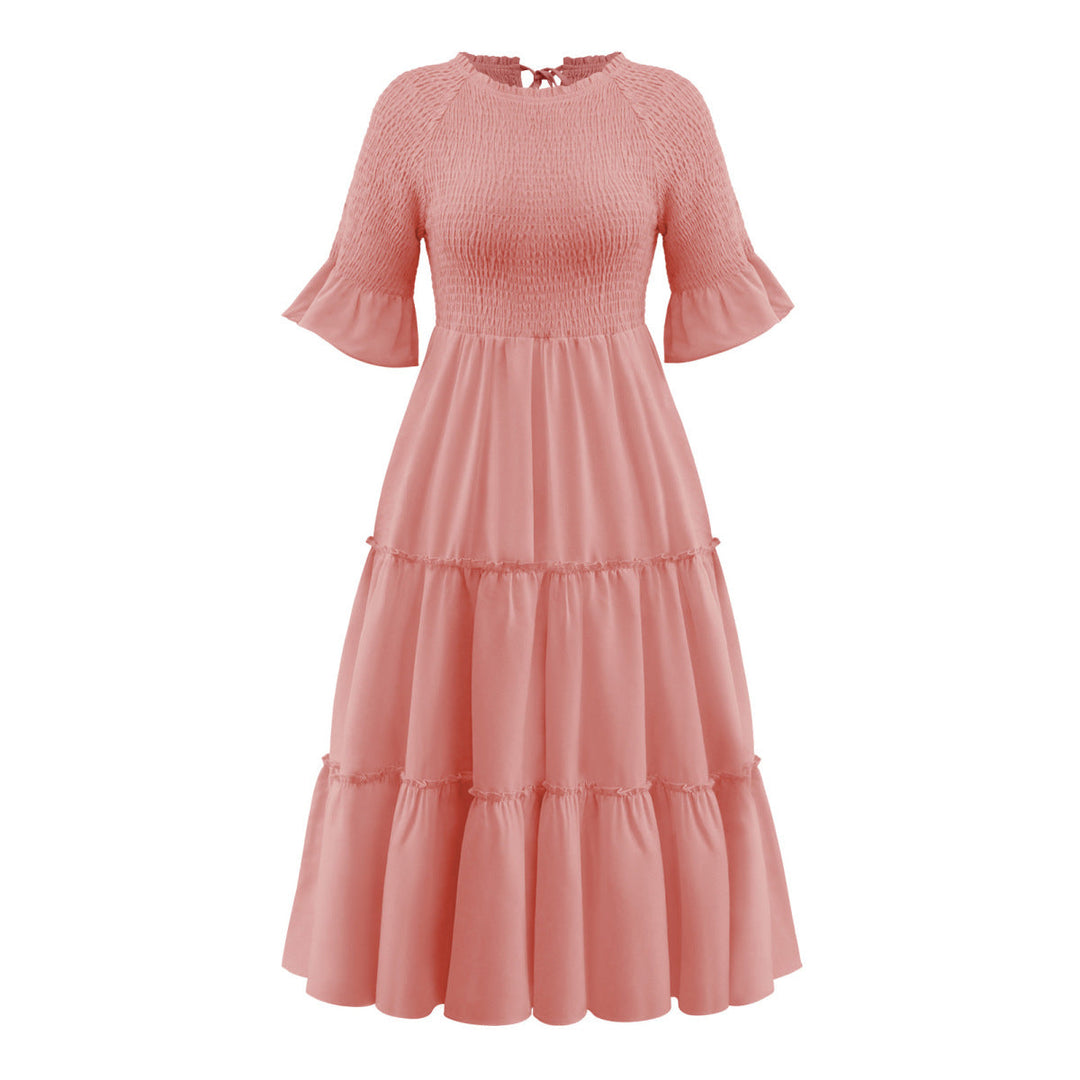 Round Neck Solid Color Smocked A-line Tiered-layered Dress