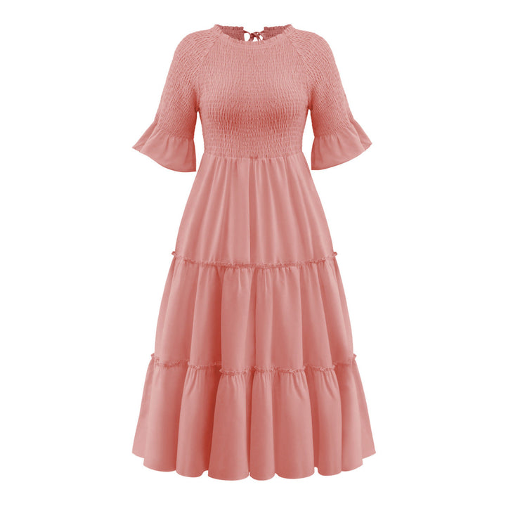 Round Neck Solid Color Smocked A-line Tiered-layered Dress