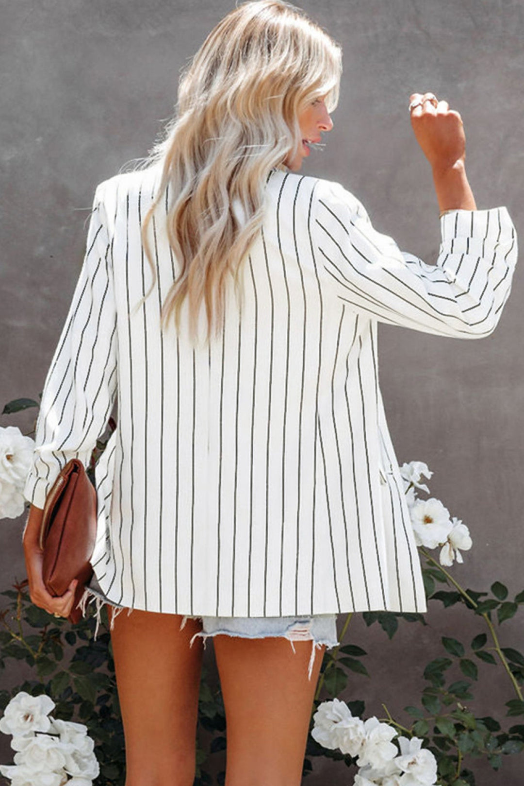 White Double-Breasted Striped Blazer with Pocket