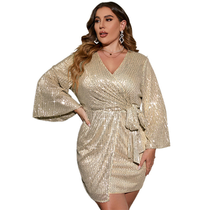 Long Sleeve Tie Waist Sequin Dress