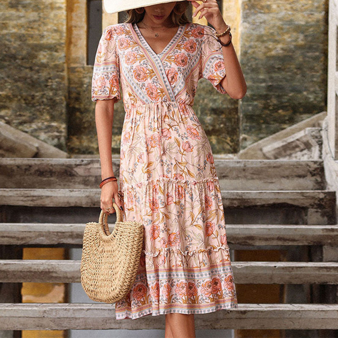 Retro Pink V-Neck Floral Tiered Dress