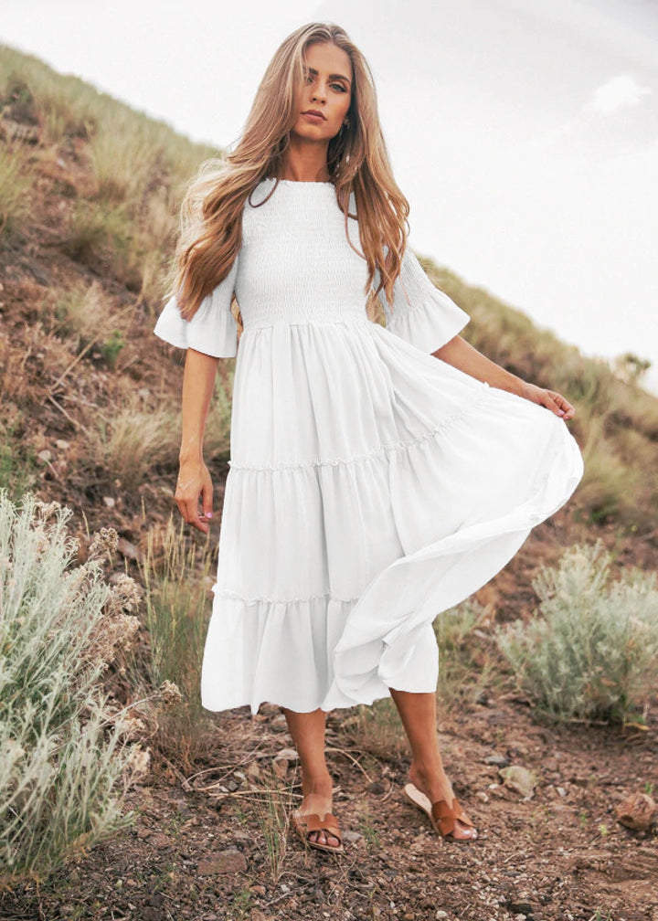 Round Neck Solid Color Smocked A-line Tiered-layered Dress