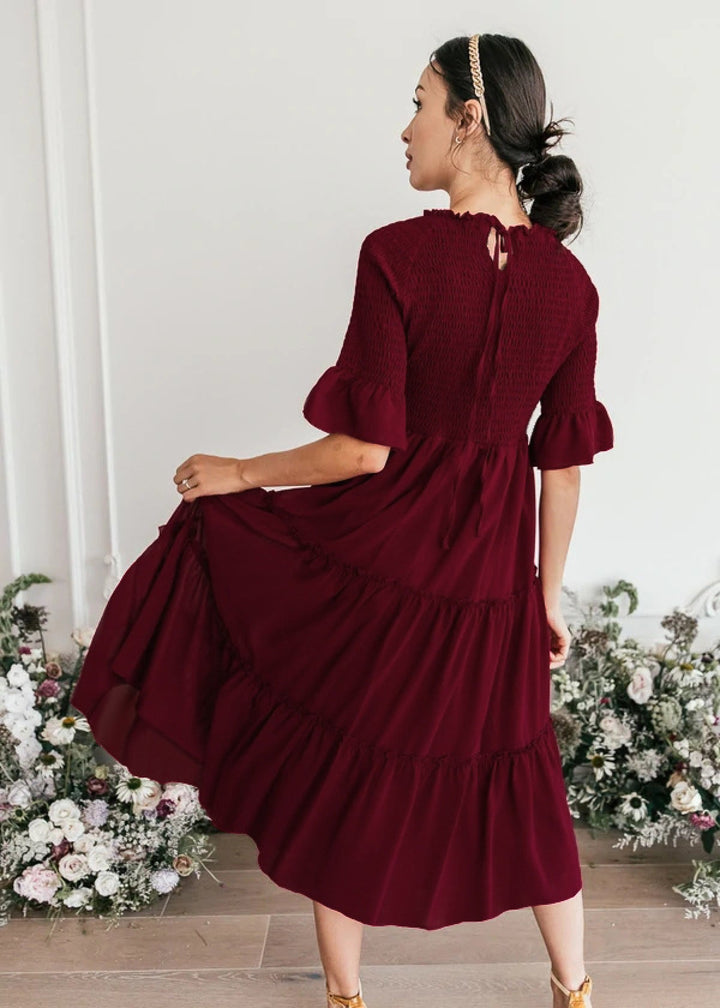 Round Neck Solid Color Smocked A-line Tiered-layered Dress