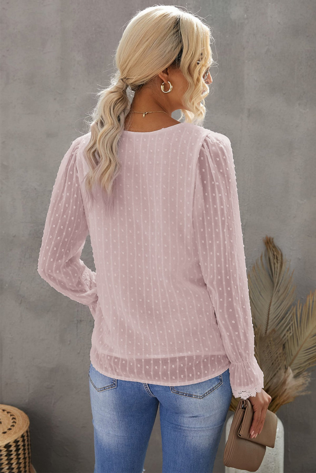 V Neck Puff Sleeve Swiss Dot Blouse