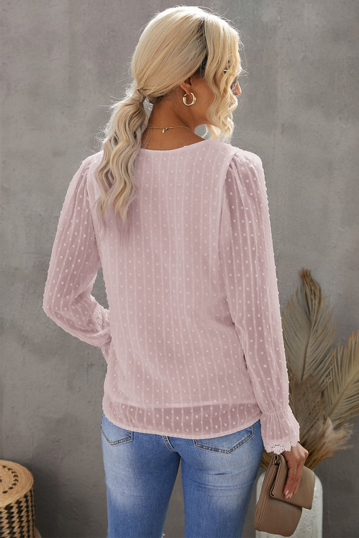 V Neck Puff Sleeve Swiss Dot Blouse