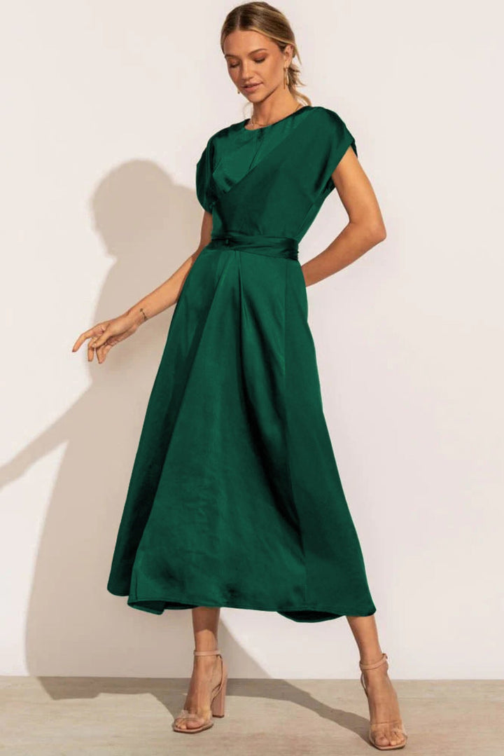 Solid Round Neck Tie Back Midi Dress