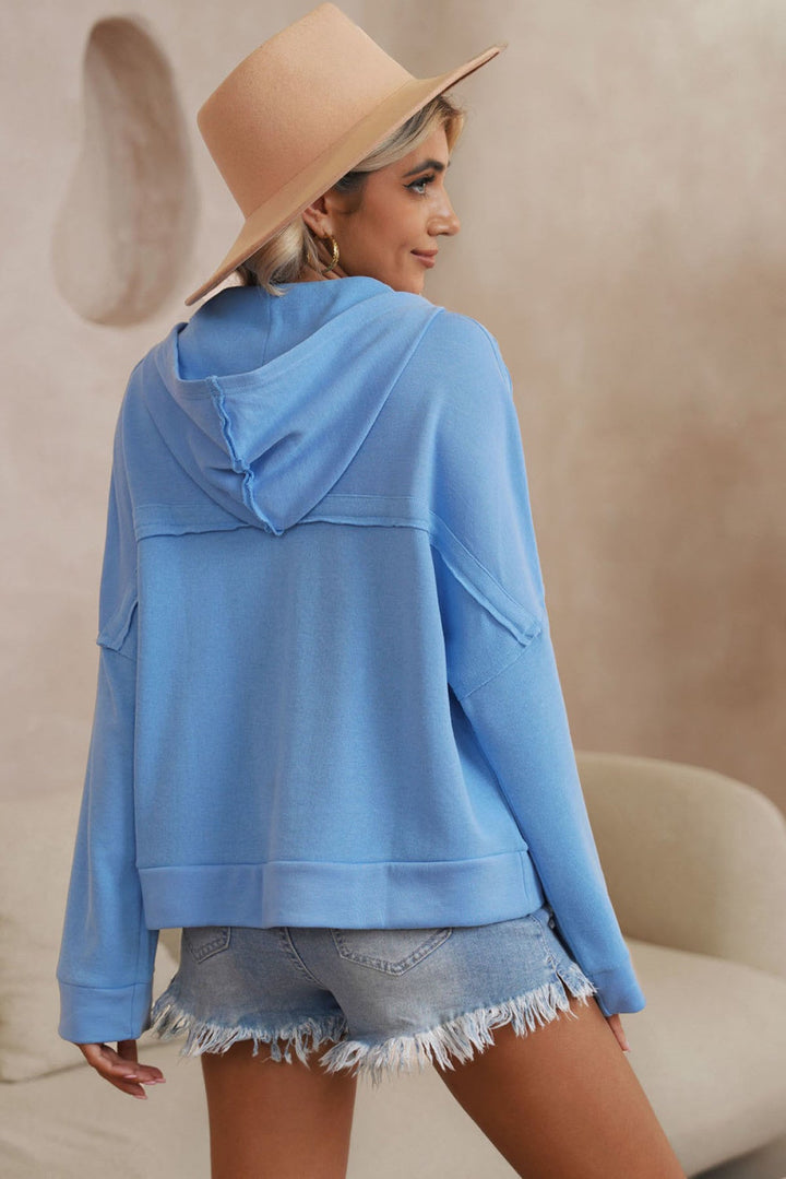 Sky Blue Solid Patchwork Trim Hoodie