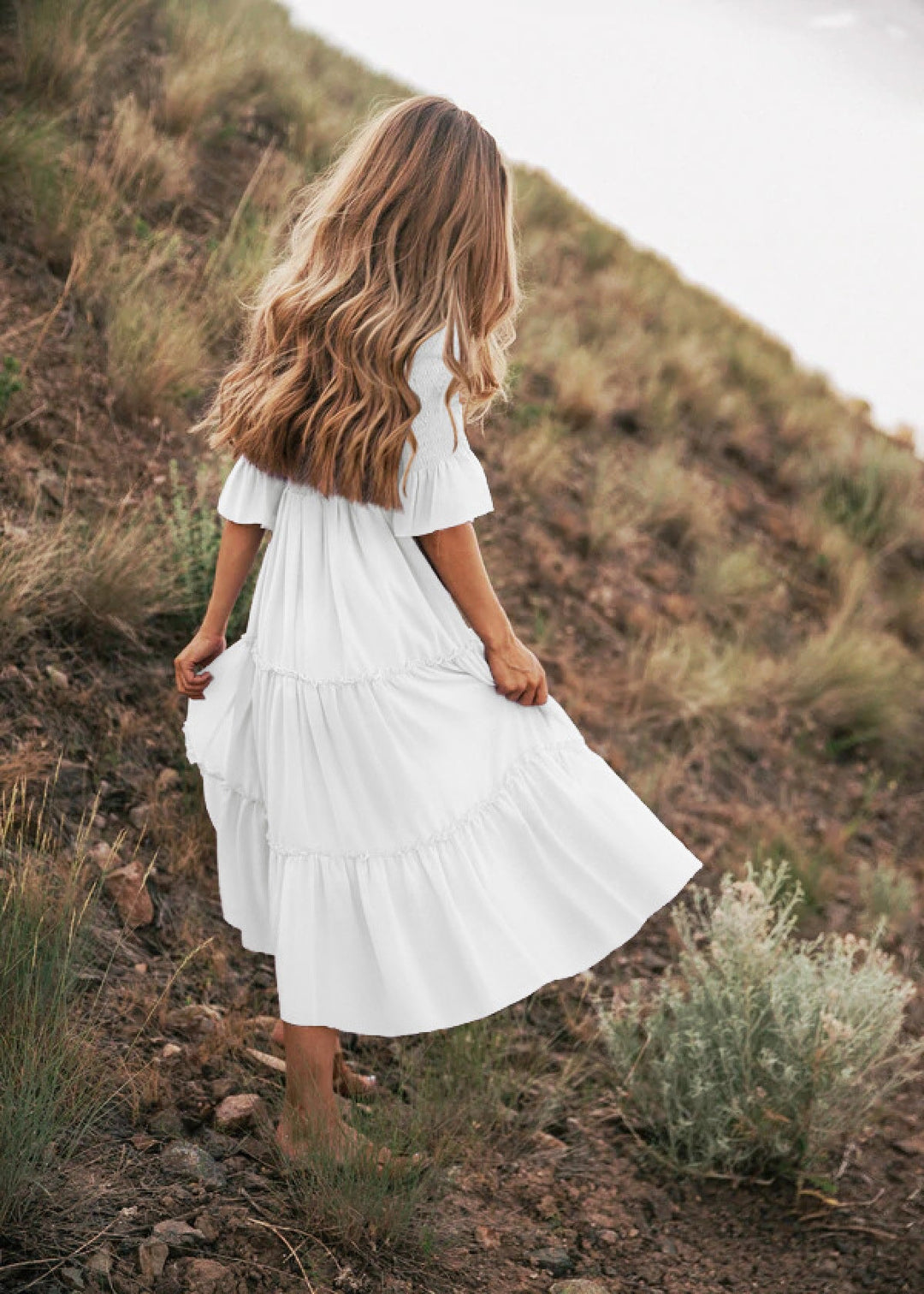 Round Neck Solid Color Smocked A-line Tiered-layered Dress