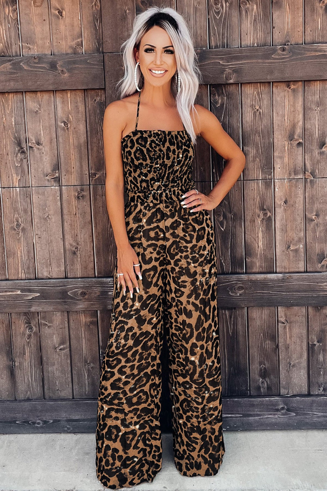 Leopard Halter Neck Wide Leg Jumpsuit
