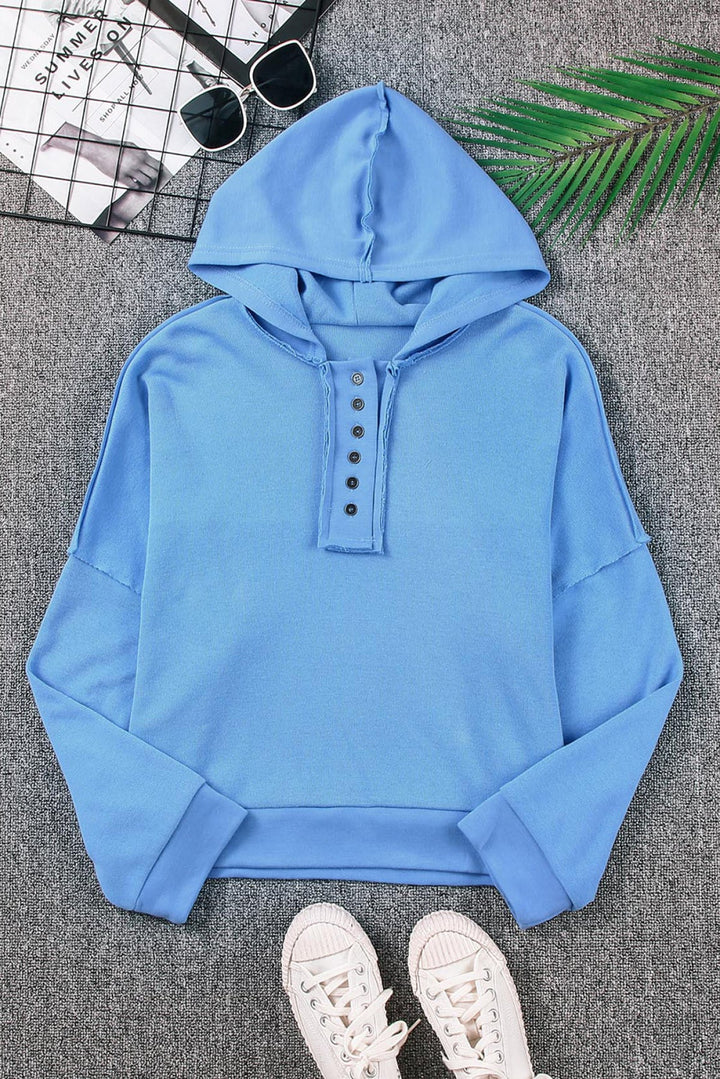 Sky Blue Solid Patchwork Trim Hoodie