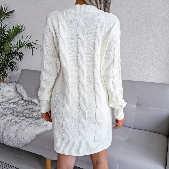 Round Neck Pullover Cable Knitted Mini Dress