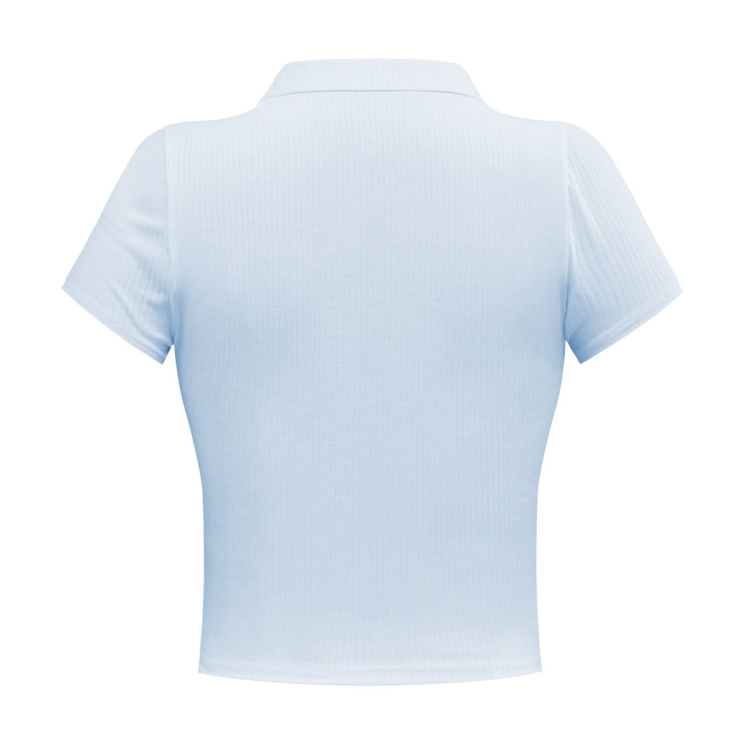 Solid Short Sleeve Buttoned V Neck Crop Top