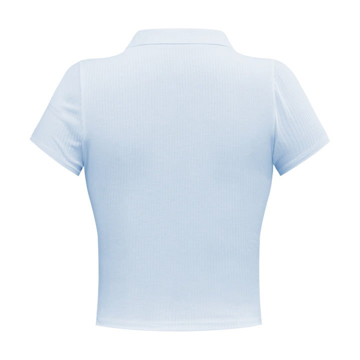 Solid Short Sleeve Buttoned V Neck Crop Top