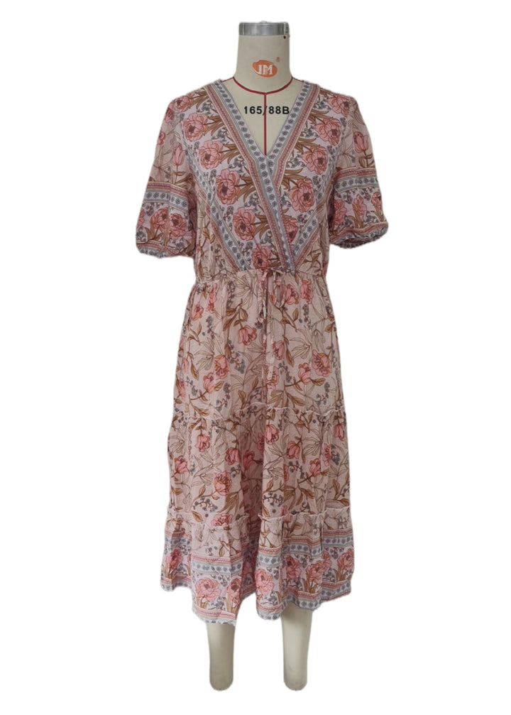 Retro Pink V-Neck Floral Tiered Dress