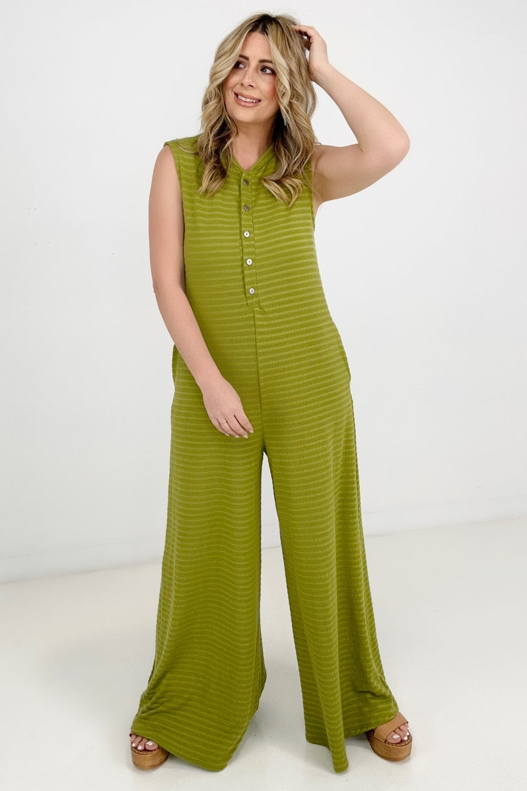 Jade By Jane Button Up Textured Wide Leg Jumpsuit