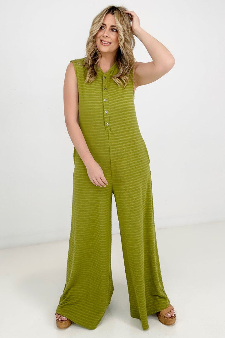 Jade By Jane Button Up Textured Wide Leg Jumpsuit