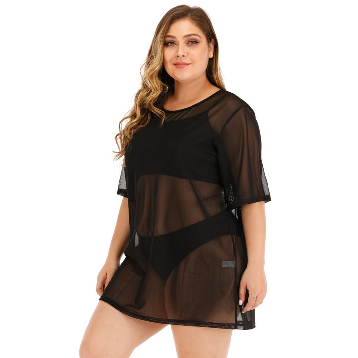Plus Size Black Round Neck Sheer Cover Up