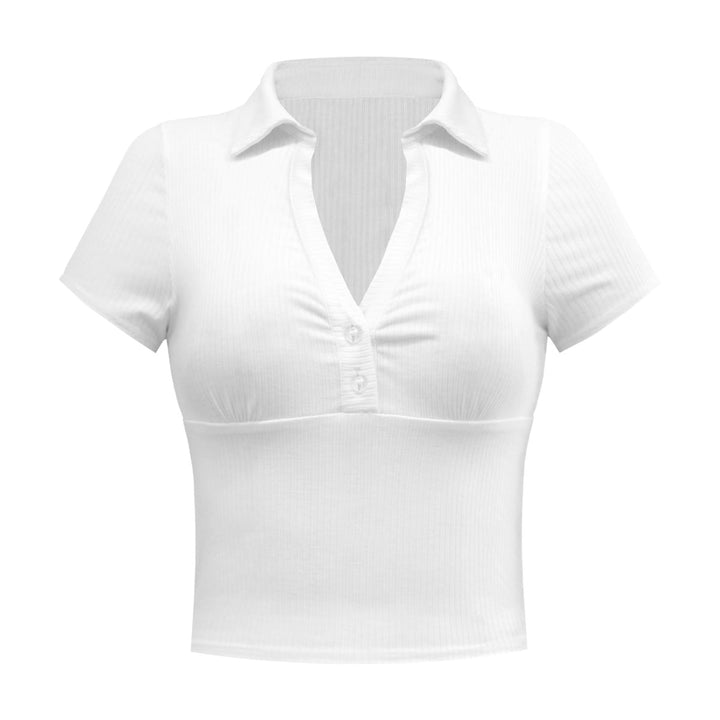 Solid Short Sleeve Buttoned V Neck Crop Top