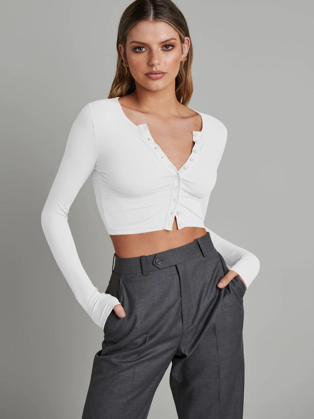 Single-Breasted V-Neck Solid Crop Top