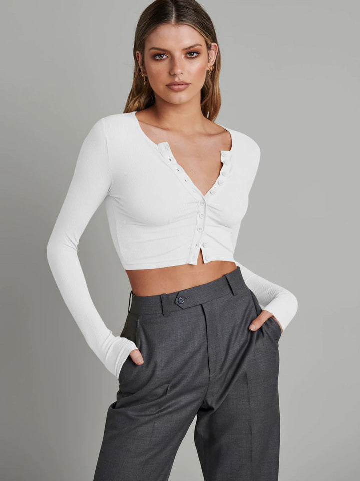 Single-Breasted V-Neck Solid Crop Top