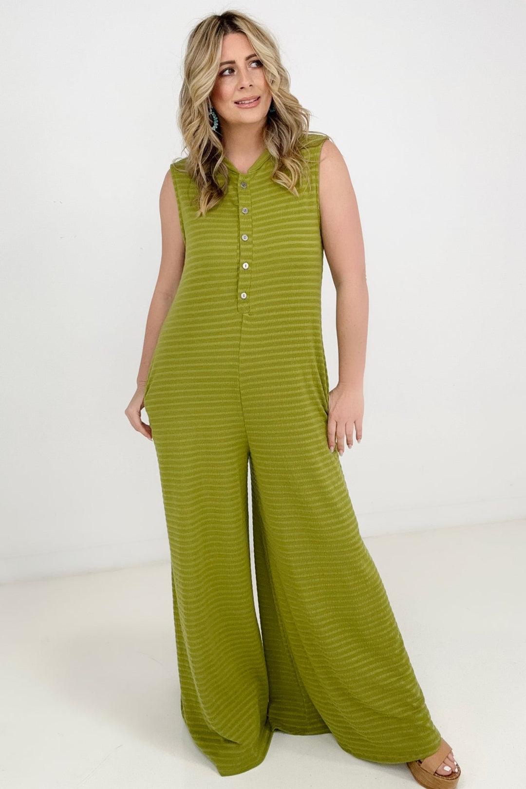 Jade By Jane Button Up Textured Wide Leg Jumpsuit