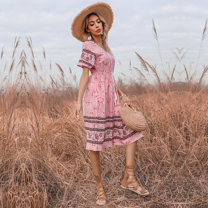 Boho Pink V-Neck Tassel Floral Dress