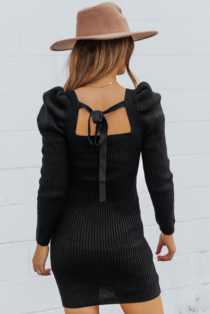 Square Neck Puffy Sleeve Sweater Dress