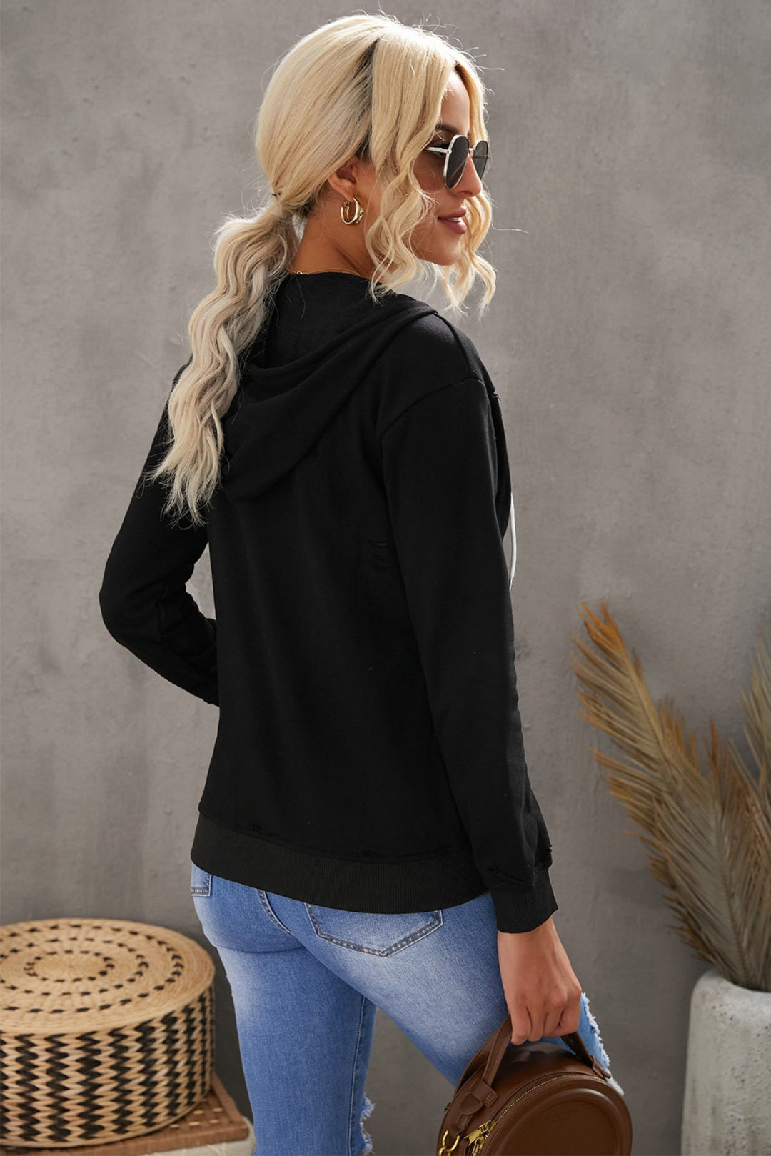 Ripped Zipper Pocket Hoodie