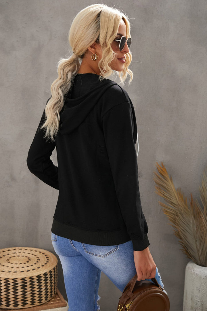 Ripped Zipper Pocket Hoodie