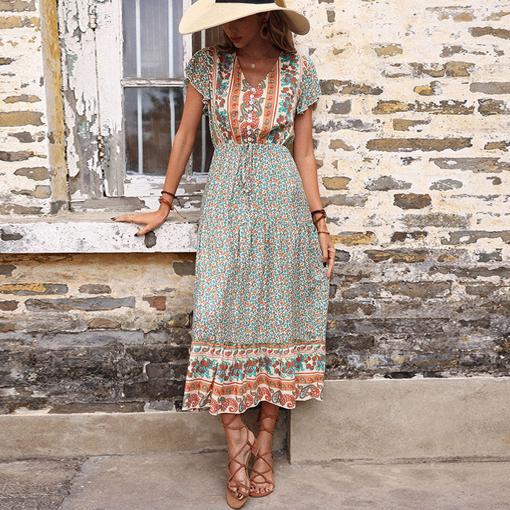 Boho Ruffled Sleeve Ditsy Floral Swing Dress